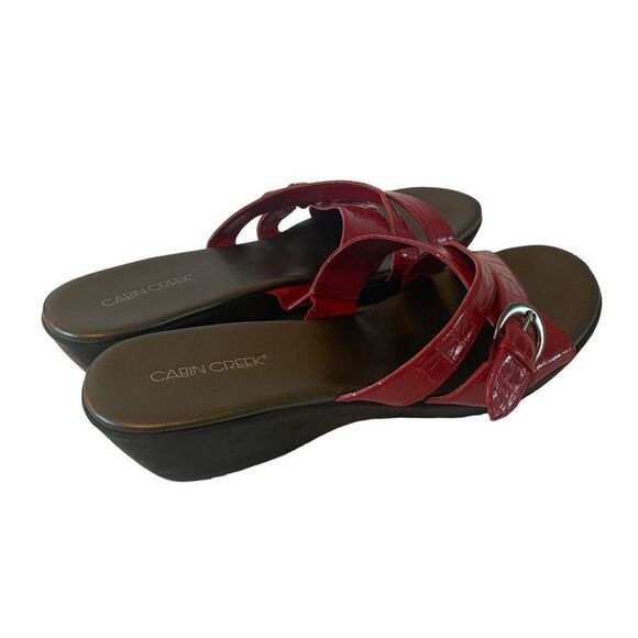 Cabin Creek Red Slip-On Rubber Sole Wedges w/Adjustable Strap & Pewter Buckle - Picture 4 of 7